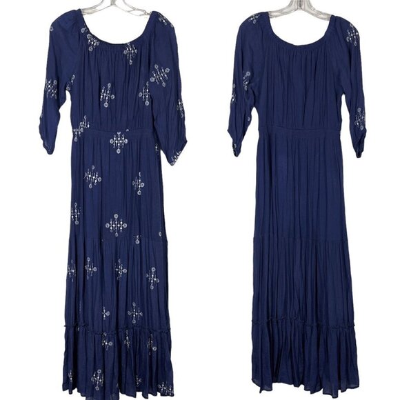 Blue White Maxi Dress Embroidered Cottagecore Scoop Neck Small - Picture 11 of 11